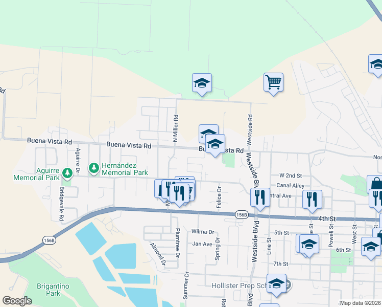 map of restaurants, bars, coffee shops, grocery stores, and more near 1252 Damasco Lane in Hollister