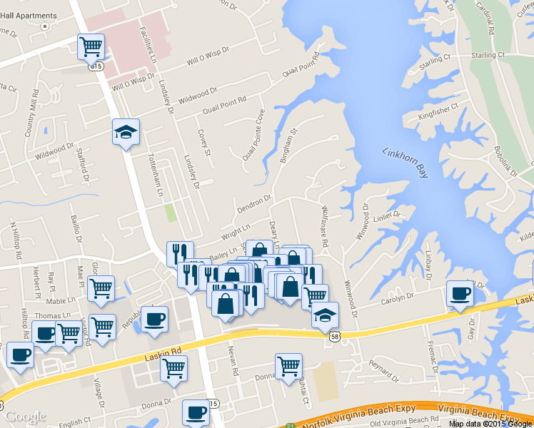 map of restaurants, bars, coffee shops, grocery stores, and more near 1609 Wright Lane in Virginia Beach