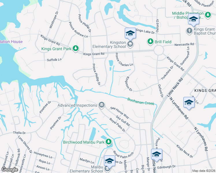 map of restaurants, bars, coffee shops, grocery stores, and more near 605 West Kingston Lane in Virginia Beach