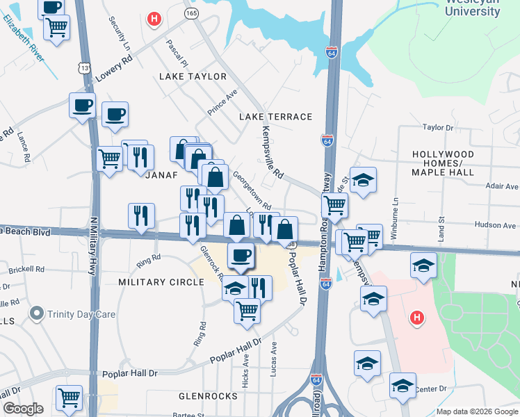 map of restaurants, bars, coffee shops, grocery stores, and more near 5976 Lockamy Lane in Norfolk