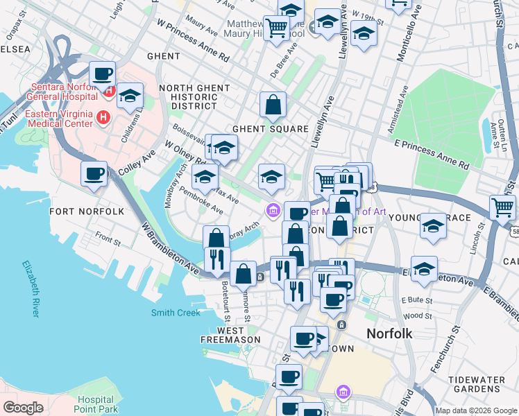 map of restaurants, bars, coffee shops, grocery stores, and more near 317 Fairfax Avenue in Norfolk