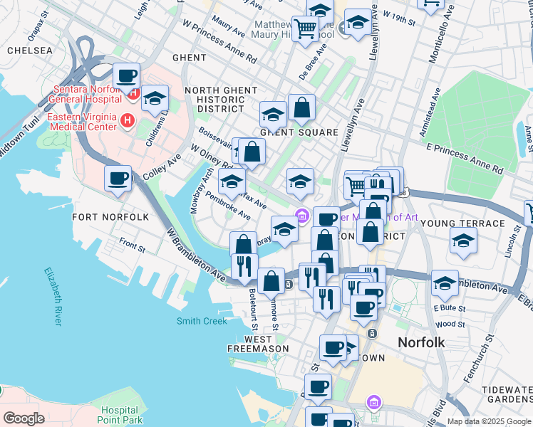 map of restaurants, bars, coffee shops, grocery stores, and more near 317 Fairfax Avenue in Norfolk