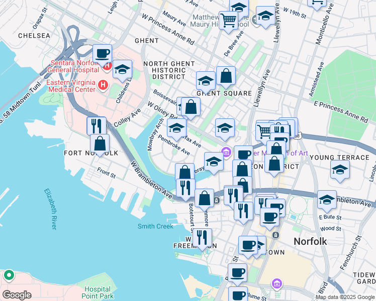 map of restaurants, bars, coffee shops, grocery stores, and more near 401 Warren Crescent in Norfolk