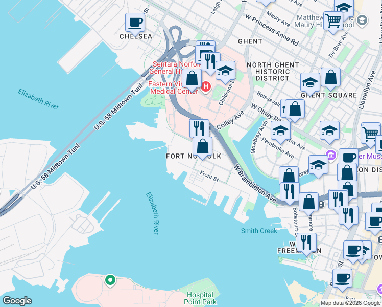 map of restaurants, bars, coffee shops, grocery stores, and more near 1 Colley Avenue in Norfolk