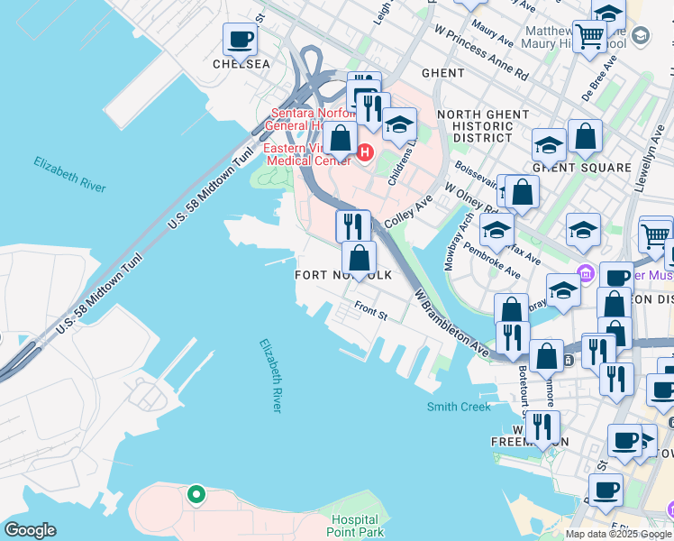 map of restaurants, bars, coffee shops, grocery stores, and more near 1 Colley Avenue in Norfolk