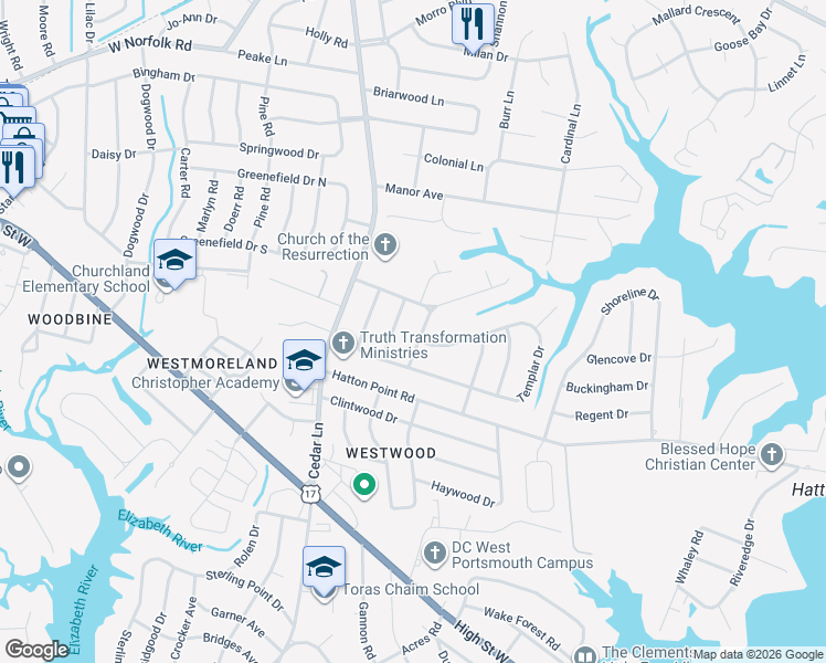 map of restaurants, bars, coffee shops, grocery stores, and more near in Portsmouth