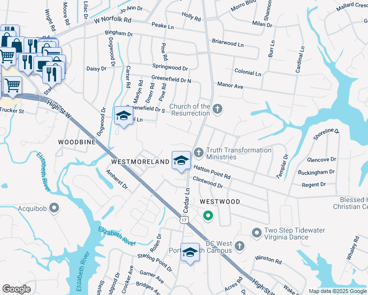 map of restaurants, bars, coffee shops, grocery stores, and more near 5001 Pinecroft Lane in Portsmouth