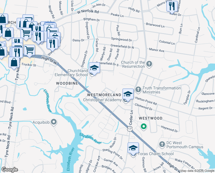 map of restaurants, bars, coffee shops, grocery stores, and more near 3336 Clover Hill Drive in Portsmouth