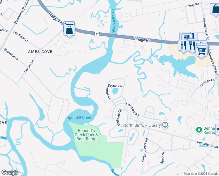 map of restaurants, bars, coffee shops, grocery stores, and more near 3425 Raintree Circle in Suffolk