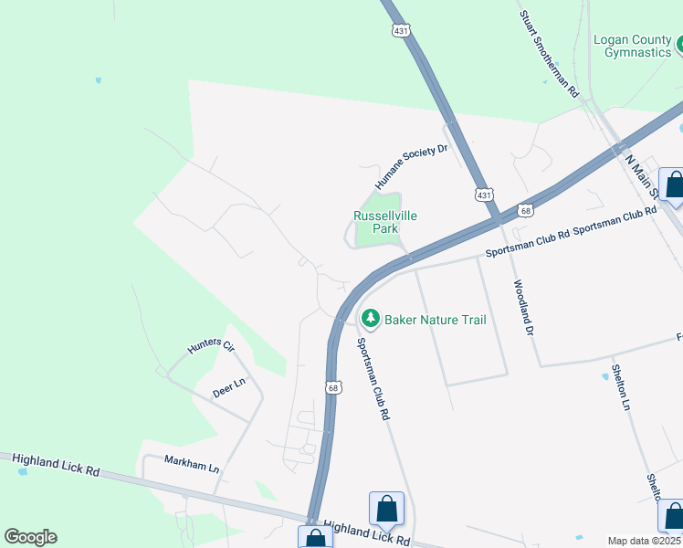 map of restaurants, bars, coffee shops, grocery stores, and more near Sportsman Club Lane in Russellville