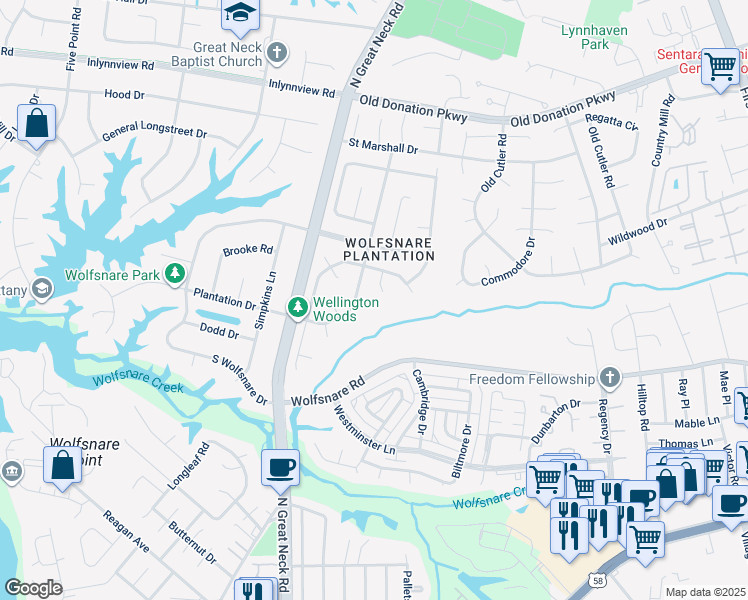 map of restaurants, bars, coffee shops, grocery stores, and more near 805 Lord Leighton Court in Virginia Beach