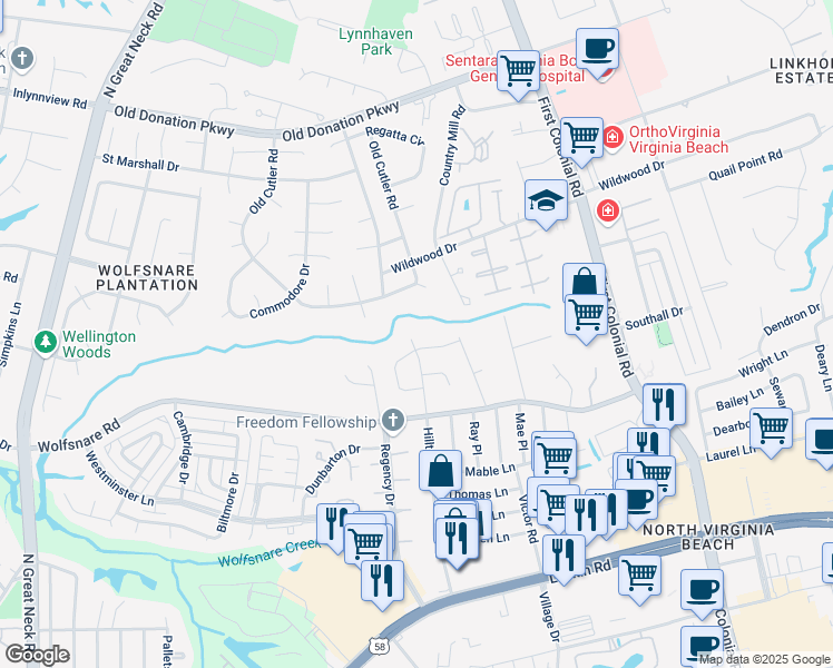 map of restaurants, bars, coffee shops, grocery stores, and more near 1912 Long Bridge Lane in Virginia Beach