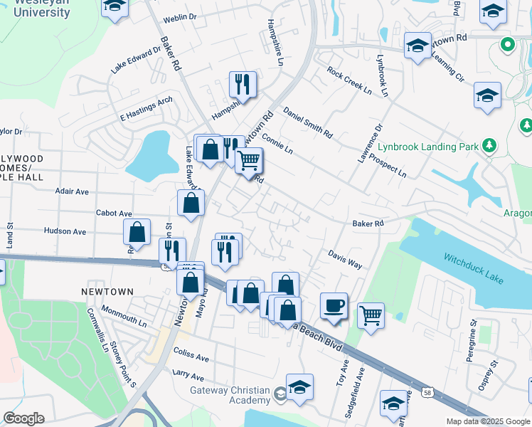 map of restaurants, bars, coffee shops, grocery stores, and more near 5661 Summit Arch in Virginia Beach