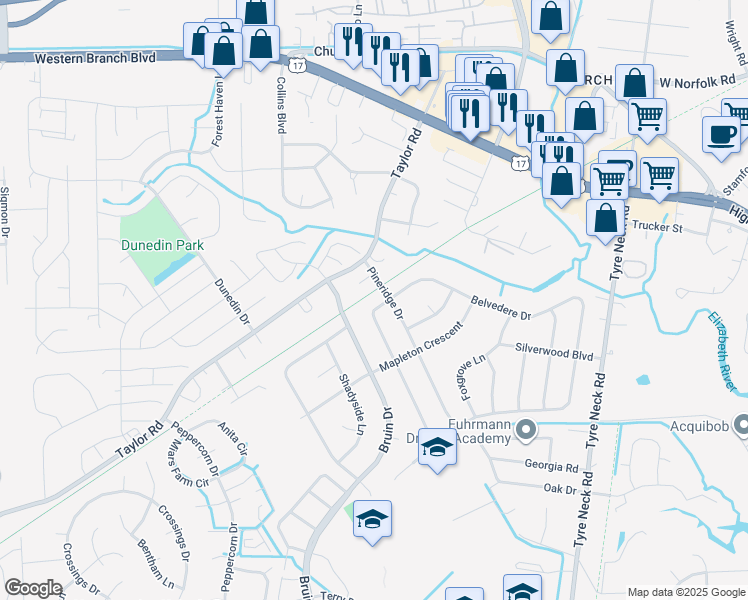 map of restaurants, bars, coffee shops, grocery stores, and more near 3324 Meadowbrook Lane in Chesapeake