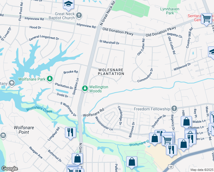 map of restaurants, bars, coffee shops, grocery stores, and more near 805 Lord Leighton Court in Virginia Beach