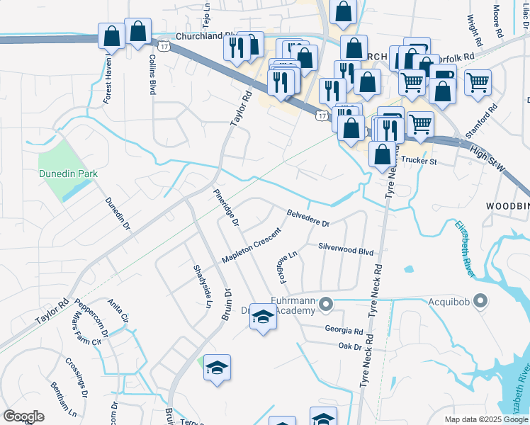 map of restaurants, bars, coffee shops, grocery stores, and more near 3308 Kindlewood Crescent in Chesapeake