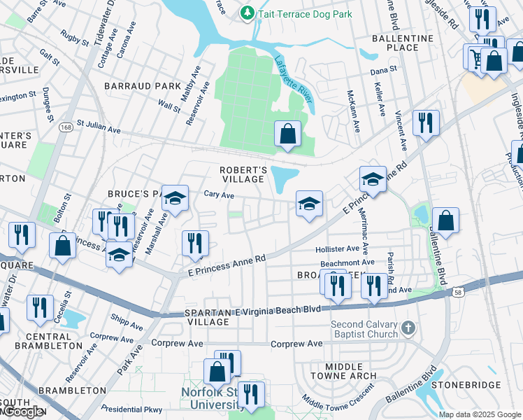map of restaurants, bars, coffee shops, grocery stores, and more near 1350 Johnnie Branch Street in Norfolk