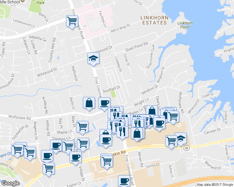 map of restaurants, bars, coffee shops, grocery stores, and more near 983 Colonial Meadows Way in Virginia Beach