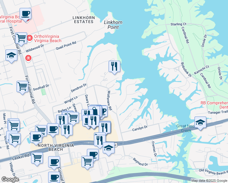 map of restaurants, bars, coffee shops, grocery stores, and more near 1522 Wolfsnare Road in Virginia Beach