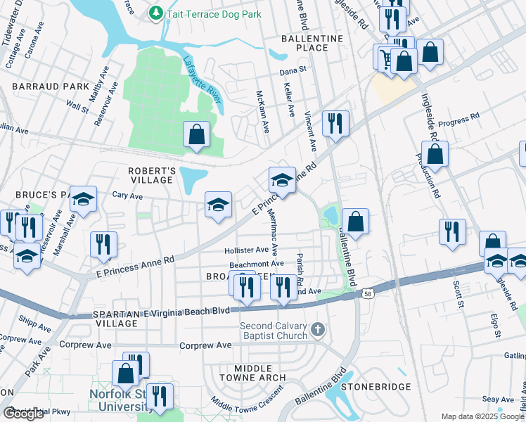 map of restaurants, bars, coffee shops, grocery stores, and more near 2843 East Princess Anne Road in Norfolk