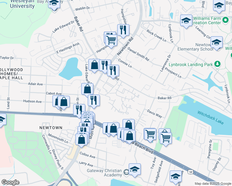 map of restaurants, bars, coffee shops, grocery stores, and more near 5649 Summit Arch in Virginia Beach