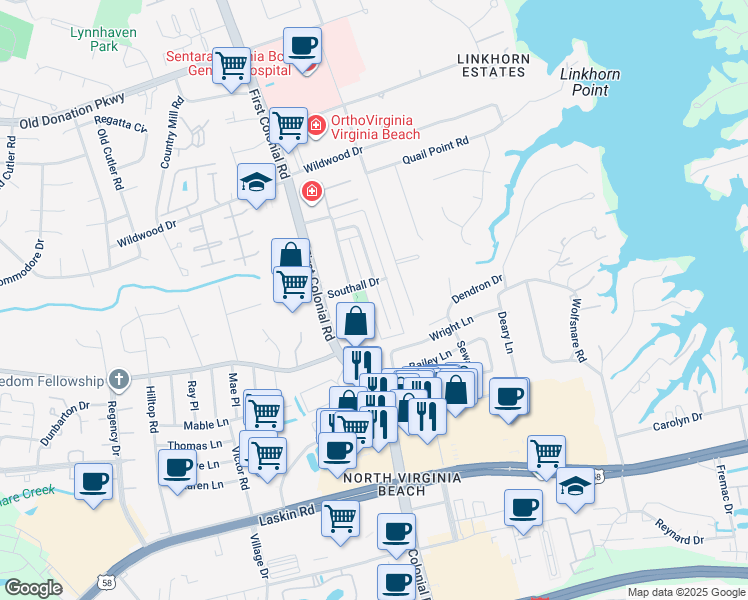 map of restaurants, bars, coffee shops, grocery stores, and more near 983 Colonial Meadows Way in Virginia Beach
