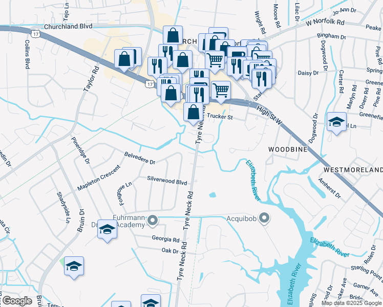 map of restaurants, bars, coffee shops, grocery stores, and more near 3320 Tyre Neck Road in Chesapeake