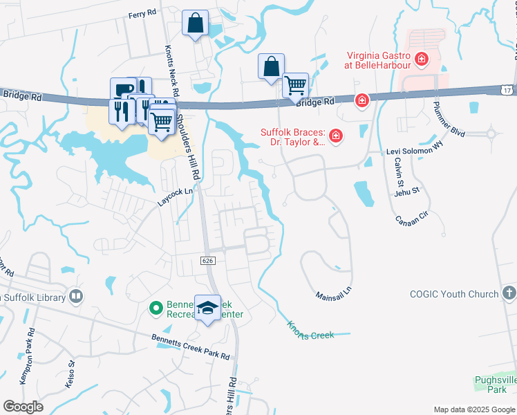 map of restaurants, bars, coffee shops, grocery stores, and more near 945 Vineyard Place in Suffolk