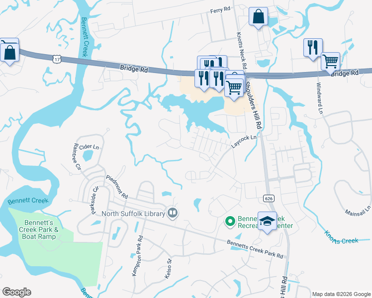 map of restaurants, bars, coffee shops, grocery stores, and more near 5543 Shoulders Hill Road in Suffolk