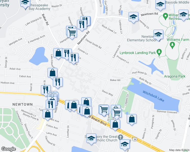map of restaurants, bars, coffee shops, grocery stores, and more near 621 Crows Nest Court in Virginia Beach