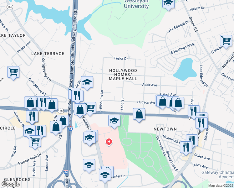map of restaurants, bars, coffee shops, grocery stores, and more near 6284 Hudson Avenue in Norfolk