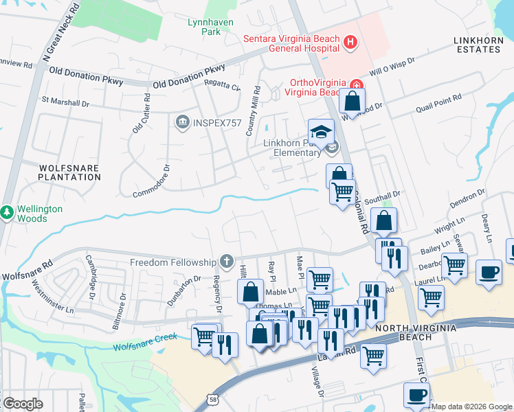 map of restaurants, bars, coffee shops, grocery stores, and more near 1933 Long Bridge Lane in Virginia Beach