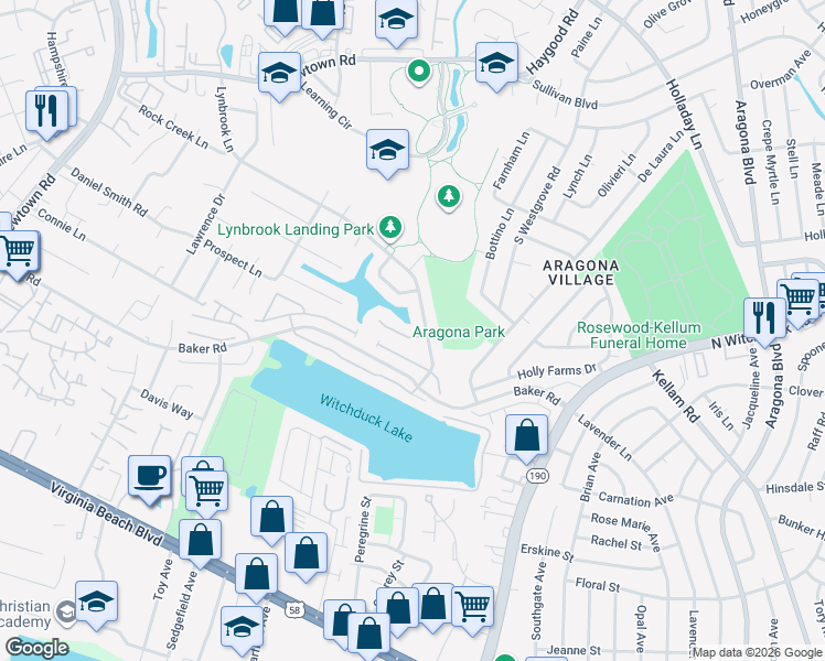 map of restaurants, bars, coffee shops, grocery stores, and more near 5449 Kiawah Court in Virginia Beach