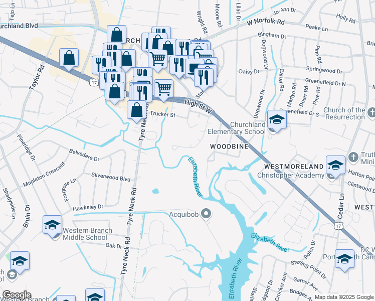 map of restaurants, bars, coffee shops, grocery stores, and more near 3145 Sterling Way in Portsmouth