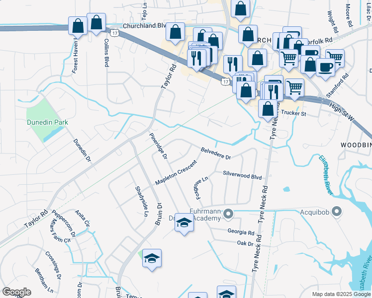 map of restaurants, bars, coffee shops, grocery stores, and more near 3308 Kindlewood Crescent in Chesapeake
