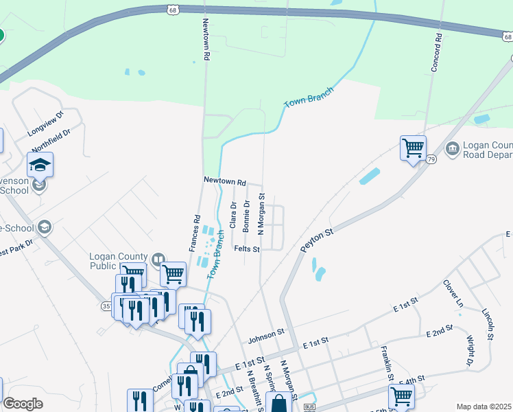 map of restaurants, bars, coffee shops, grocery stores, and more near 631 Bonnie Drive in Russellville