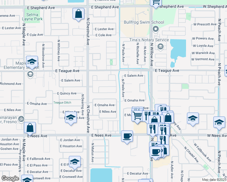 map of restaurants, bars, coffee shops, grocery stores, and more near 2696 East Spice Way in Fresno