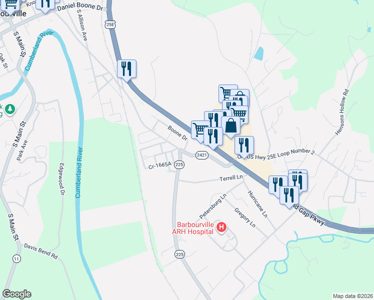 map of restaurants, bars, coffee shops, grocery stores, and more near 500 Old 25 East in Barbourville