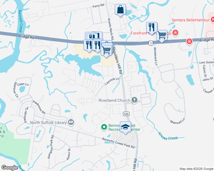 map of restaurants, bars, coffee shops, grocery stores, and more near 5551 Shoulders Hill Road in Suffolk