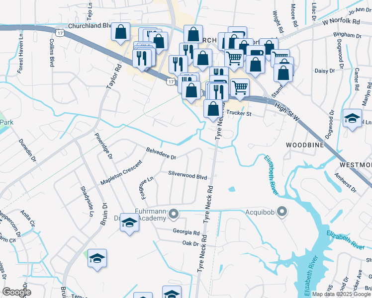 map of restaurants, bars, coffee shops, grocery stores, and more near 4045 Belvedere Drive in Chesapeake