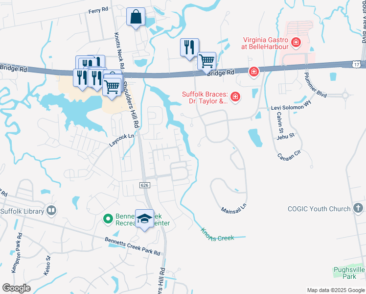 map of restaurants, bars, coffee shops, grocery stores, and more near 945 Vineyard Place in Suffolk