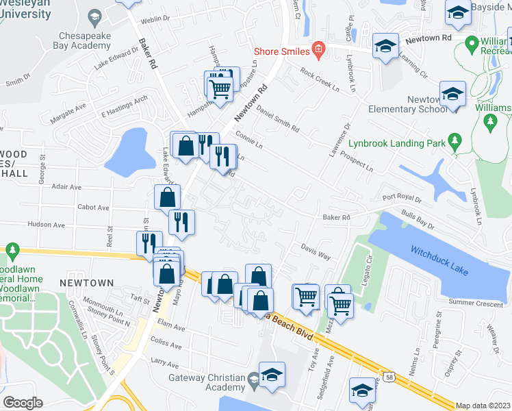 map of restaurants, bars, coffee shops, grocery stores, and more near 5628 Summit Arch in Virginia Beach