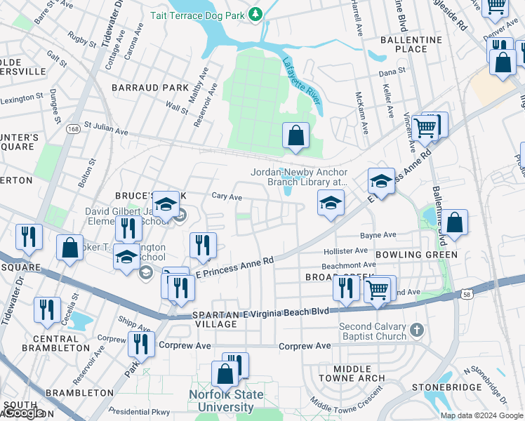 map of restaurants, bars, coffee shops, grocery stores, and more near 1363 Johnnie Branch Street in Norfolk