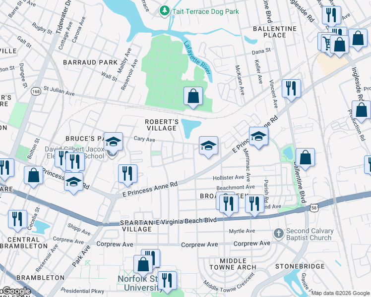 map of restaurants, bars, coffee shops, grocery stores, and more near 2580 Joe Austin Drive in Norfolk