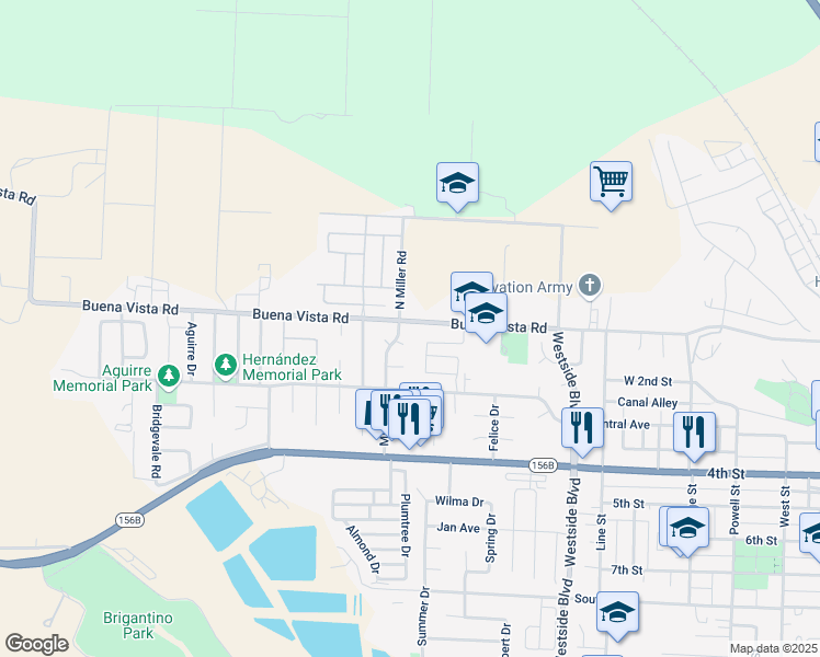 map of restaurants, bars, coffee shops, grocery stores, and more near 1281 Buena Vista Road in Hollister