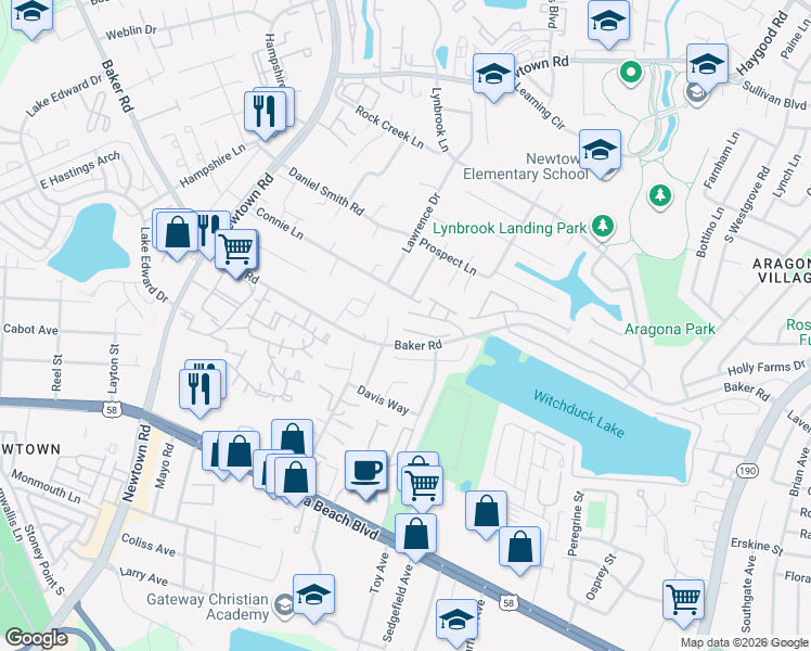 map of restaurants, bars, coffee shops, grocery stores, and more near 5525 Maple Cluster Court in Virginia Beach