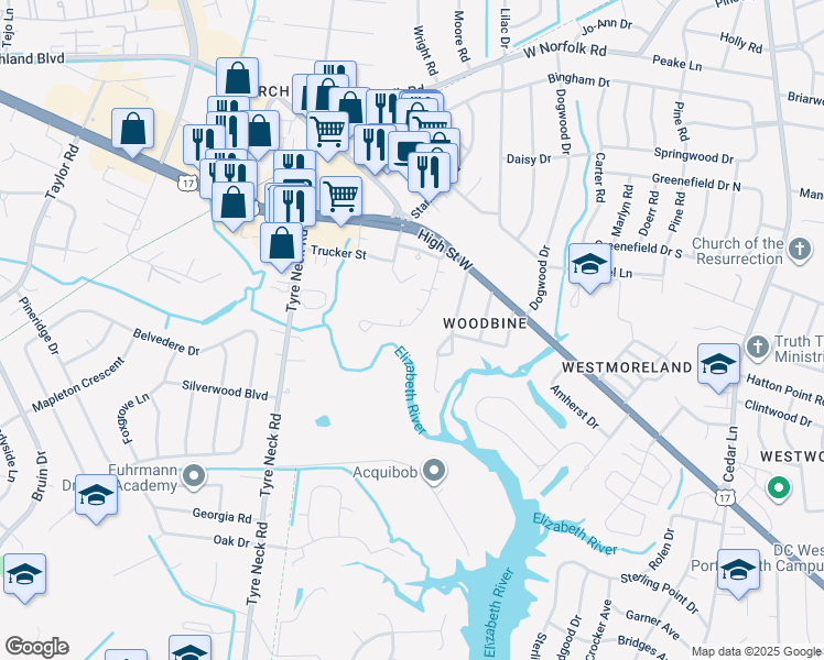 map of restaurants, bars, coffee shops, grocery stores, and more near 3137 Sterling Way in Portsmouth