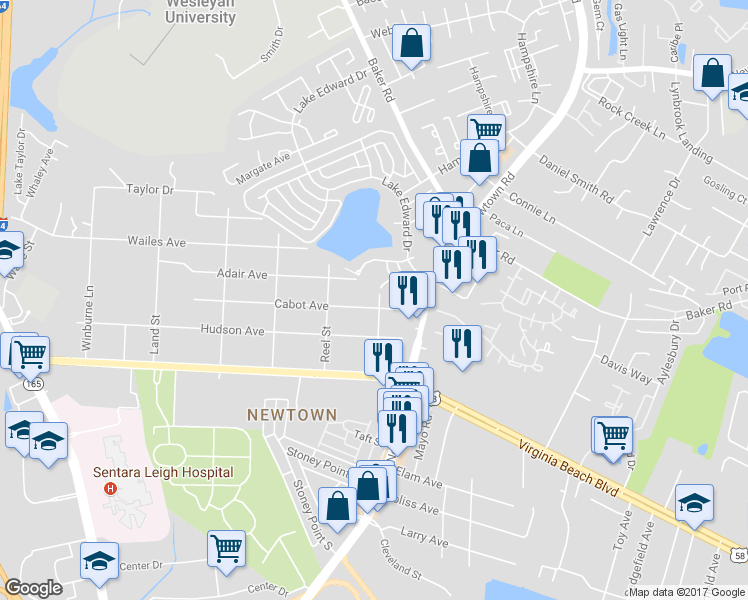 map of restaurants, bars, coffee shops, grocery stores, and more near 1133 Layton Street in Norfolk