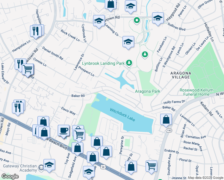 map of restaurants, bars, coffee shops, grocery stores, and more near 601 Pawleys Arch in Virginia Beach