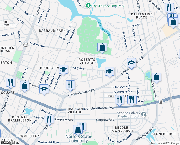 map of restaurants, bars, coffee shops, grocery stores, and more near 2524 Joe Austin Drive in Norfolk